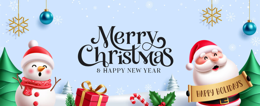 Merry Christmas Winter Banner Holiday Greeting Card Clipart. Merry Christmas and Happy New Year banner clip art featuring Santa Claus holding Happy Holidays sign, cute snowman, Christmas gift, candy 