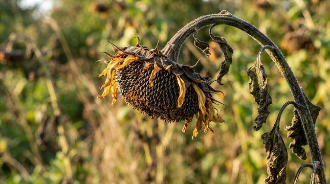 Close Up View of A Deadt Fading Sunflower Fading Into The Autumn Weather In A Forgotten Field Area.