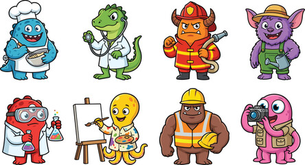 Obraz premium Cute cartoon monster characters representing different professions and hobbies