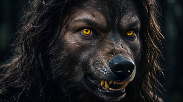 Fierce Werewolf Woman Portrait with Glowing Yellow Eyes