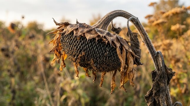 A Decaying Wilted Sunflower Head Drying In An Agricultural Field After The Harvest Autumn Season Day