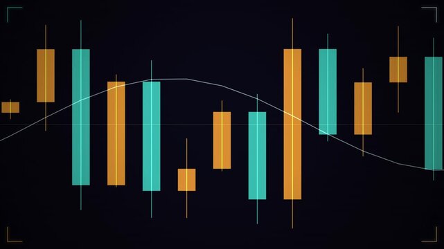 Seamless looping tech background featuring orange and teal candlestick chart with flowing curve