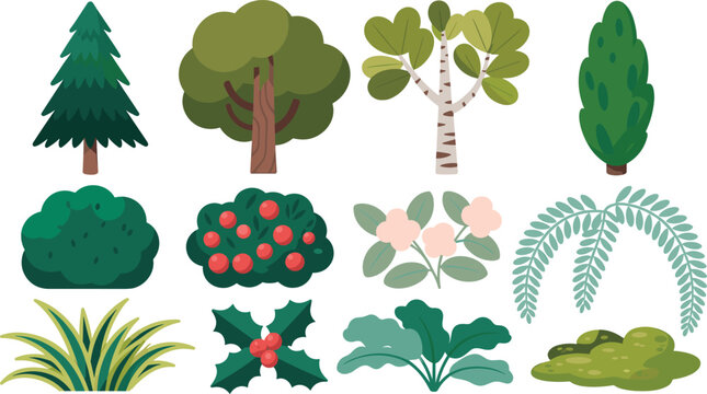 Flat Forest Trees and Garden Shrubbery Vector Icon Set Featuring Pine Birch Bush Berries Flowers and Fern Elements for Nature Landscape Graphic Designs