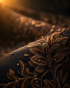 Golden floral ornament on dark fabric is illuminated with soft light and subtle water droplets embroidery brocade texture gilded intricate
