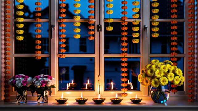 Happy Diwali Traditional Diwali window decoration with marigold flower garlands and glowing oil lamps on a windowsill at twilight time