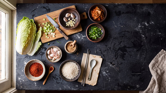 Overhead korean cooking ingredients layout with napa cabbage garlic rice and spices for recipe background and food blog design