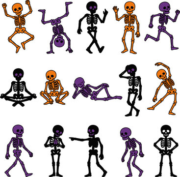 Playful skeletons in various poses during Halloween with a white background and flat design style