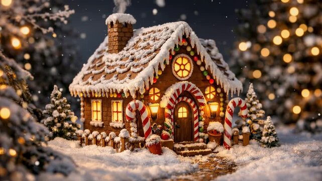 Cozy gingerbread house decorated with candy canes and icing in a snowy christmas forest with warm glowing lights and falling snowflakes