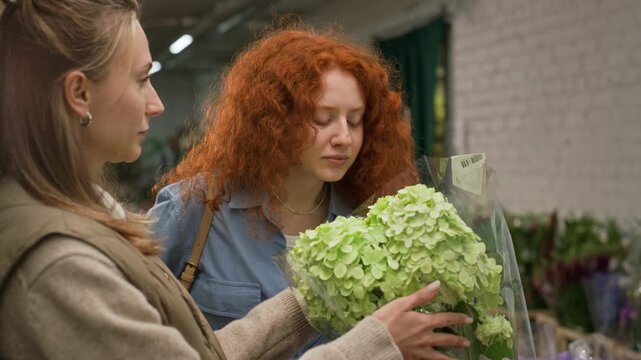 Young adult Caucasian women selecting green hydrangea bouquet in wholesale flower warehouse, one smelling blossoms. Clip suitable for floristry business ads or retail marketing campaigns