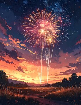 Stunning vibrant fireworks display over a scenic countryside landscape at sunset.