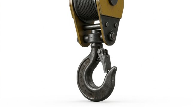 Crane hoist block hook assembly, isolated on pure white background
