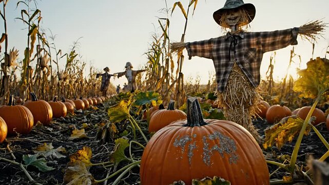 Scarecrows standing guard over a vibrant pumpkin patch in a cornfield at sunset during autumn harvest