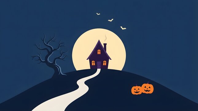 Spooky haunted house on a hill with a winding path and glowing full moon