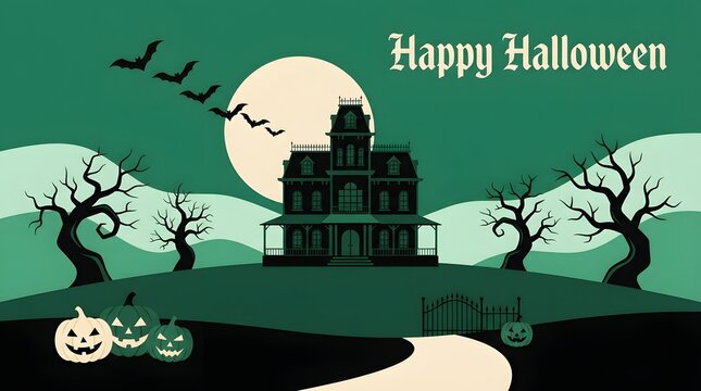 Spooky haunted house with a full moon and bats on a halloween night