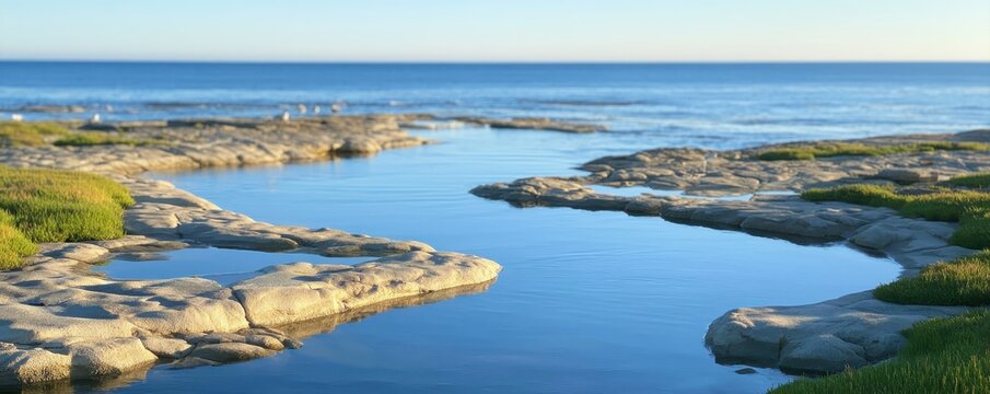 Marine conservation shoreline featuring rocky coast, tidal pools, sea grasses, natural shells, protected nesting areas, monitoring markers, and clear coastal water extending toward the horizon