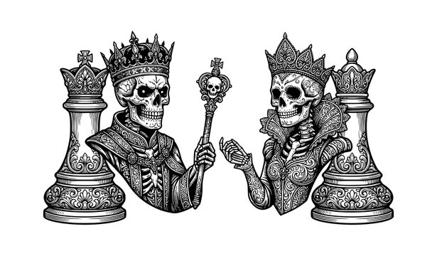 Romantic Gothic Skeleton King and Queen Chess Couple Vector Illustration
