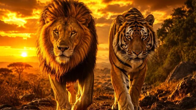 lion and tiger walking together at golden light in bandhavgarh national park india video