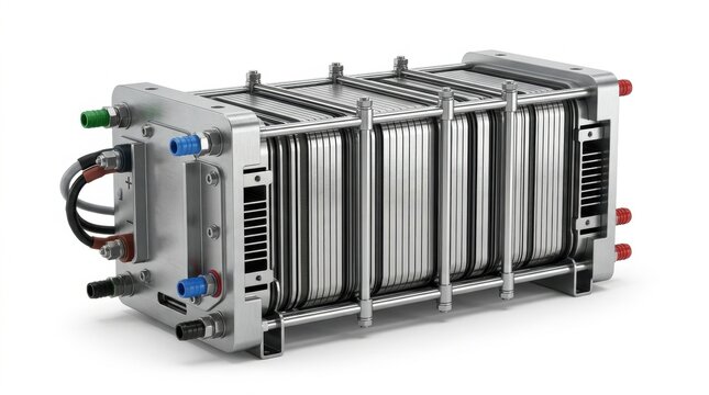 Green hydrogen fuel cell stack, isolated on pure white background