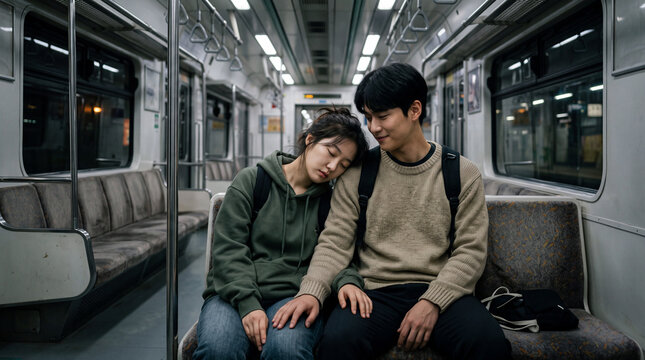 Young couple on empty subway carriage with woman sleeping on man's shoulder for commute background and intimate urban travel scene