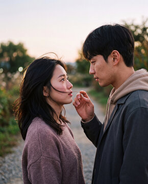 Young couple outdoors facing each other in soft sunset light for romantic portrait background and emotional storytelling image