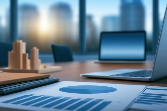Corporate project review office with architectural model, blank charts, notebooks, laptop and conference table, large windows, professional daylight, realistic business photography