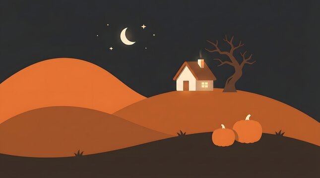 Spooky haunted house on a hill under a crescent moon at night