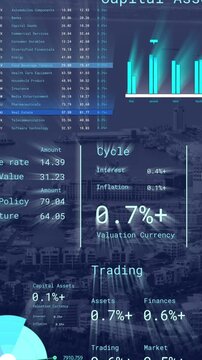 Animation of financial data processing over cityscape