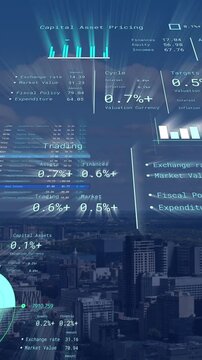 Animation of financial data processing over cityscape