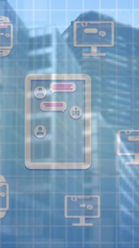 Animation of online chat and data processing on electronic devices over cityscape