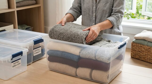 Person organizing wool sweaters into clear plastic bins for seasonal storage and home organization.