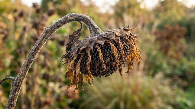 Wilted sunflower flower head drooping in the autumn garden with dry seeds and golden backlit leaves.