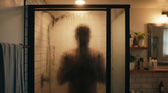 A silhouetted man showering in dark bathroom interior seen through wet tempered black grid glass.