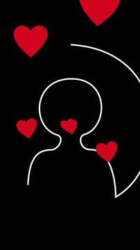 Animation of social media people icon over red hearts on black background