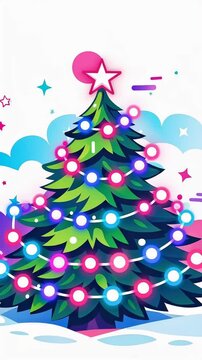 Colorful christmas tree with glowing string lights and star topper in snowy abstract background. festive holiday illustration sequence.