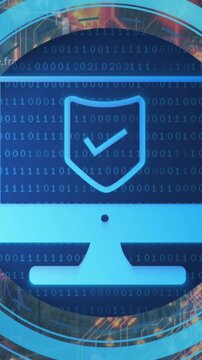 Animation of computer circuit board with data processing and digital icon with security shield