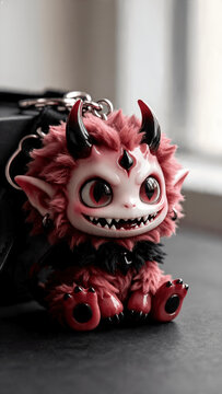 Close up photo of a cute red and black furry monster keychain figurine with sharp teeth and horns