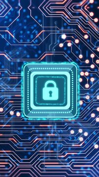 Animation of computer circuit board with data processing and digital padlock icon