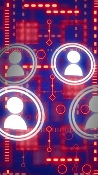 Animation of computer circuit board with data processing and digital icons