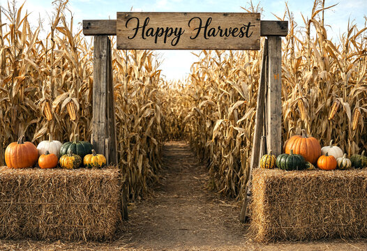Autumn harvest celebration with pumpkins and corn maze entrance welcoming visitors for seasonal fun