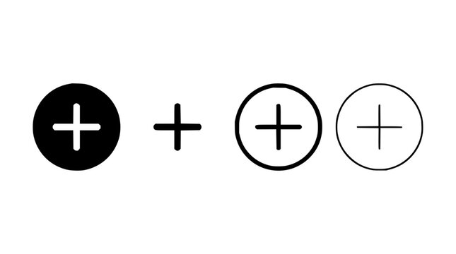 Plus sign set with solid, outline, white and transparent circles featuring addition, increment, increase, plus symbol and mathematical sign with button and interface