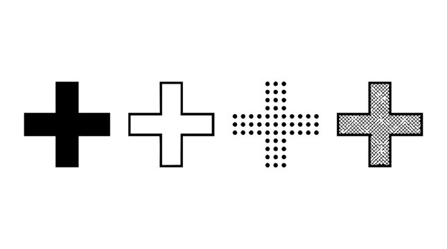 Plus sign set with solid, outline, dotted and hatched variations featuring symbol, mark, icon, design element with cross and pattern