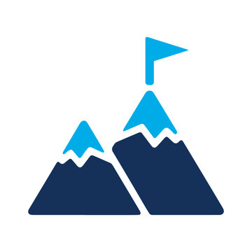 Blue mountain peaks with a flag icon representing success and achievement for business goals and adventure travel concepts