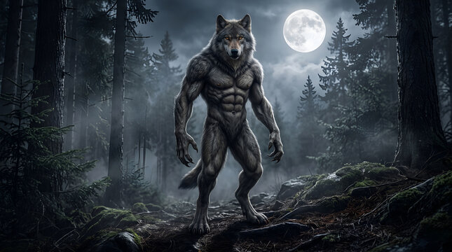 Werewolf Woman standing in a dark misty forest under full moon
