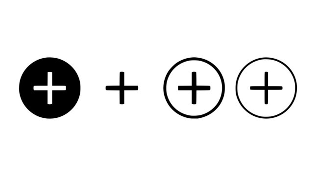 Plus signs set with circular shapes featuring black, white, outline and filled icons with symbol and vector