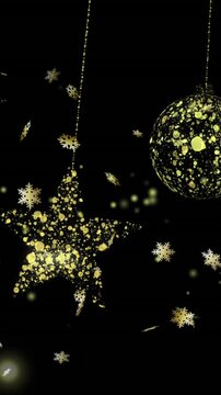 Swinging gold stars and black and gold christmas baubles over falling snowflakes on dark background