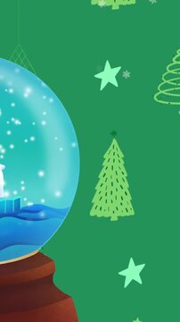 Snow globe with polar bear and north pole sign over christmas trees and stars on green background
