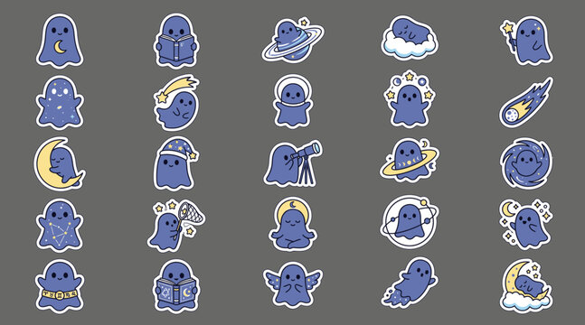 Set of cute space-themed ghost stickers, featuring cartoon phantoms with stars, planets, telescopes, books, and zodiac symbols in blue and yellow