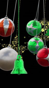 Animation of christmas baubles decorations over black background