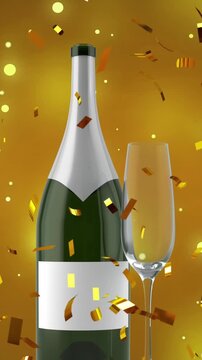 Animation of confetti falling over glass and bottle of champagne on yellow background