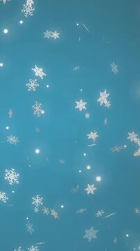 Animation of mirror disco ball spinning over snow falling on blue background